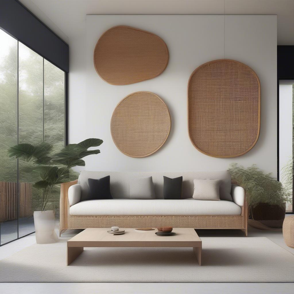 A large rattan mirror adds a touch of natural elegance to a modern living room.