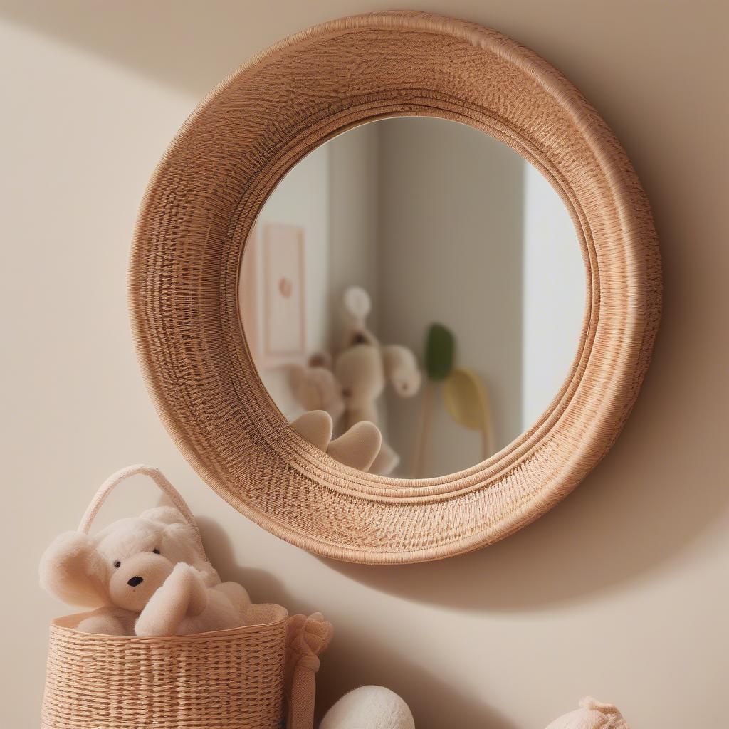 Rattan Mirror Nursery Wall Decor: A charming nursery wall featuring a rattan framed mirror, adding a touch of natural elegance to the space.