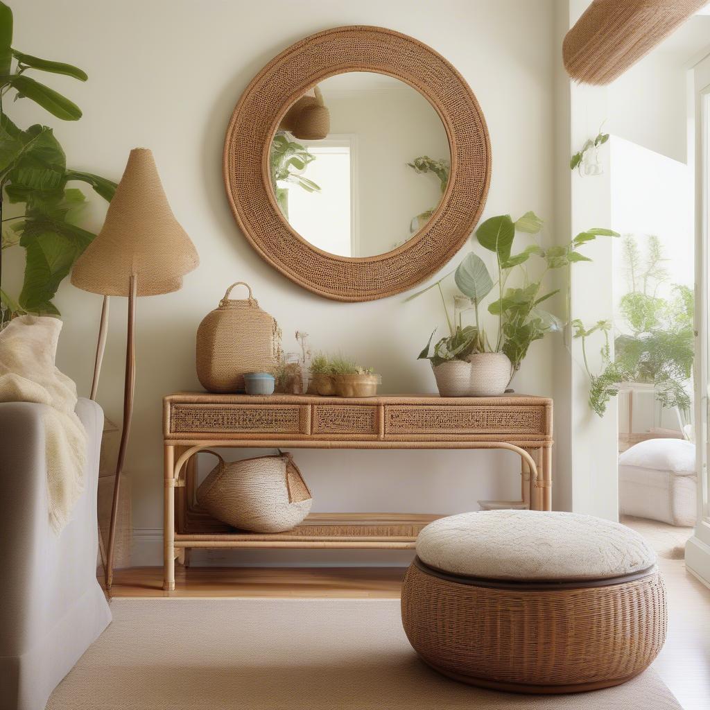 A large rattan mirror adds a touch of bohemian elegance to a living room, reflecting light and creating a sense of spaciousness.