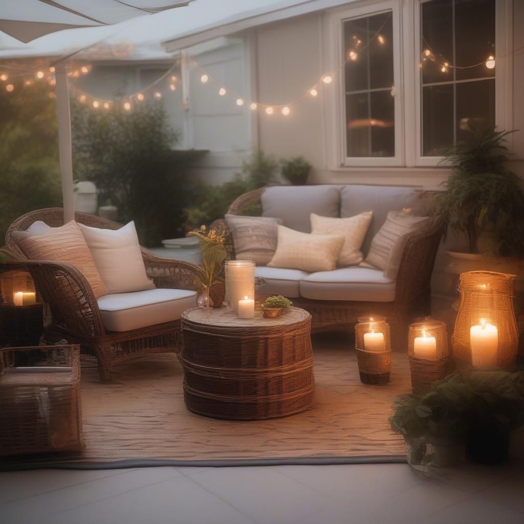 Rattan patio furniture with sweet tea candles and wicker baskets.