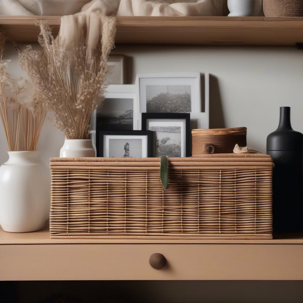 Rattan photo storage box with vintage photos and dried flowers on a wooden shelf.