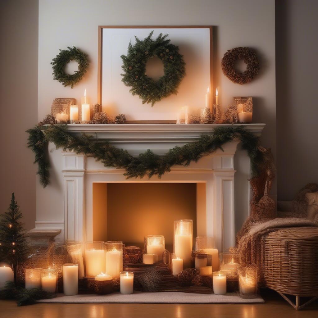 Rattan photo display on a Christmas mantelpiece