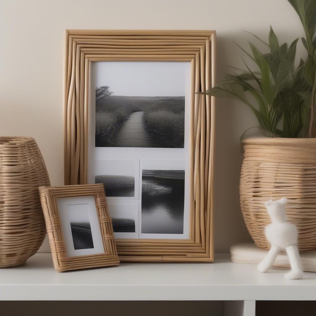 Rattan photo frames add a touch of natural elegance to a bedroom wall.