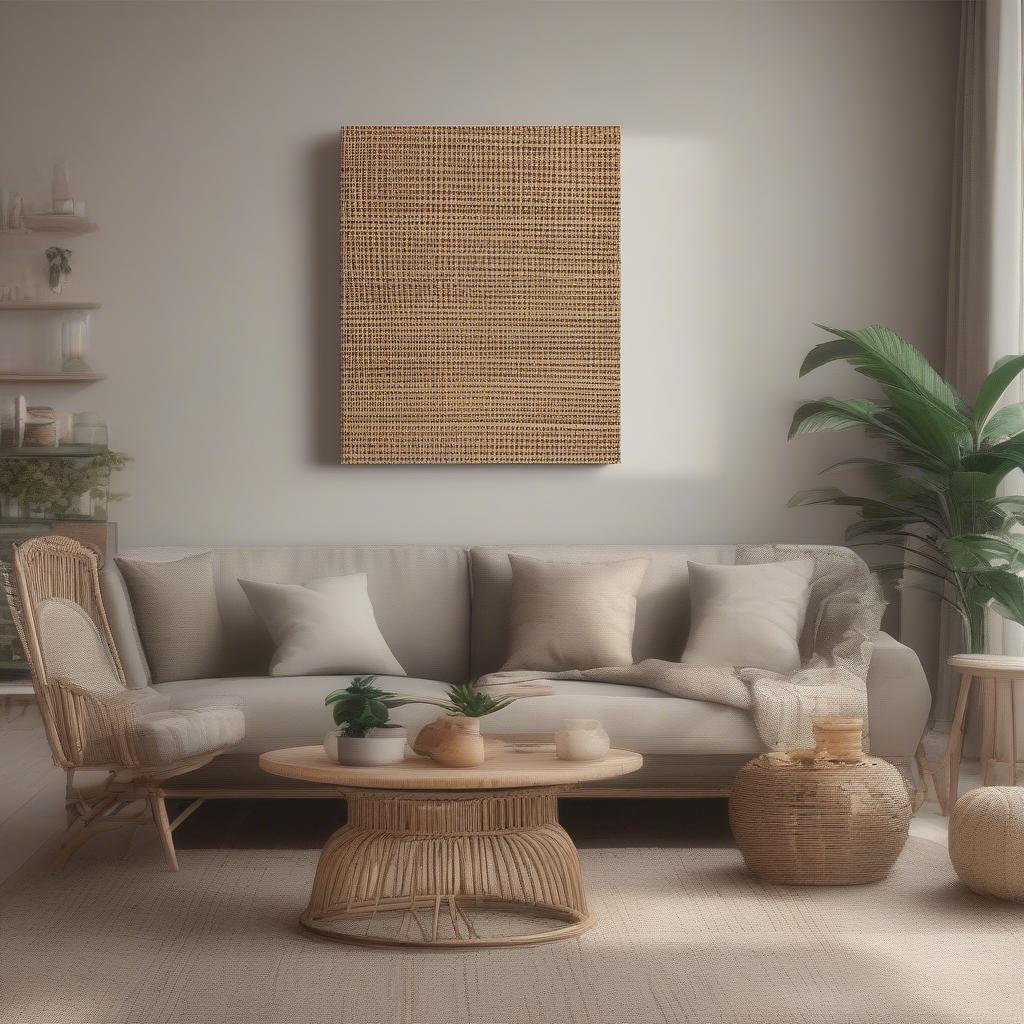 Rattan picture canvas displayed in a living room setting