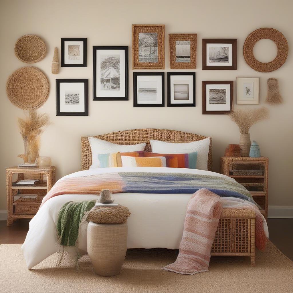 Rattan picture frames create a warm and inviting atmosphere in a bedroom.