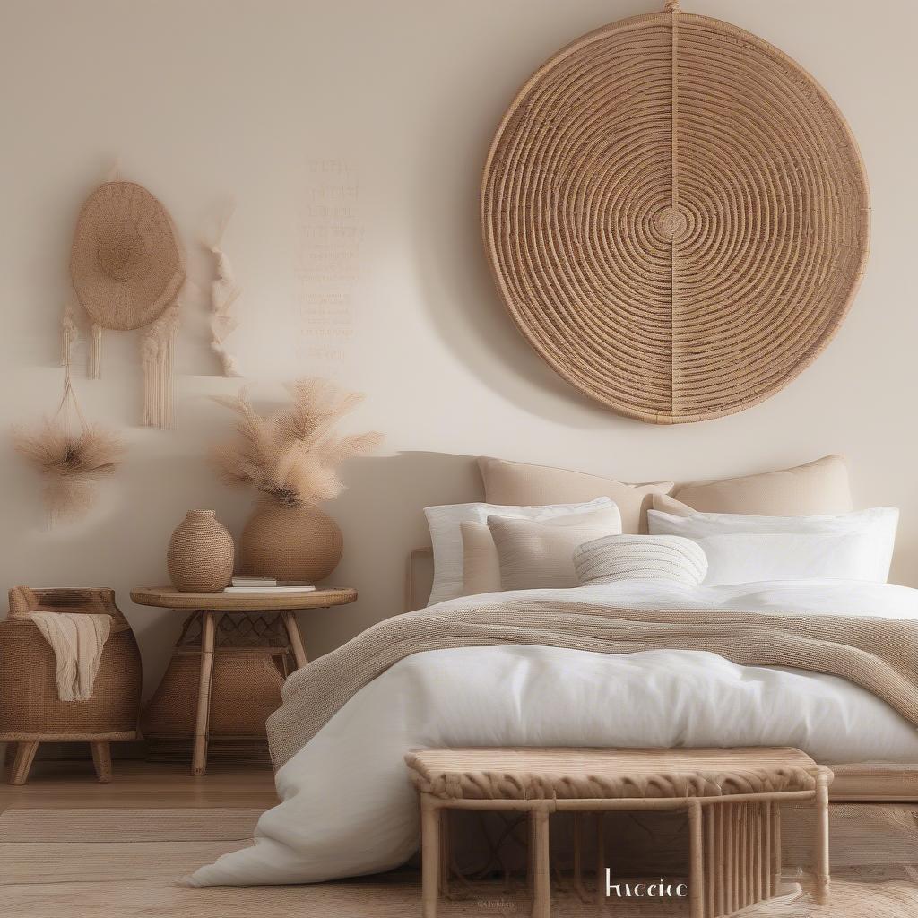 Rattan quote wall decor adds a touch of elegance to a bedroom, showcasing a favorite quote in a stylish script font.