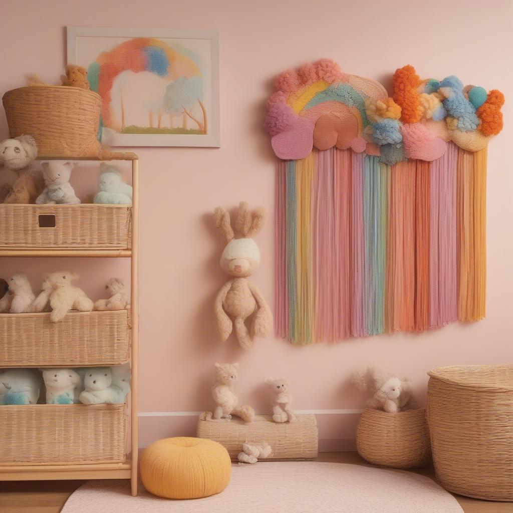 Colorful rattan rainbow wall hanging for a nursery