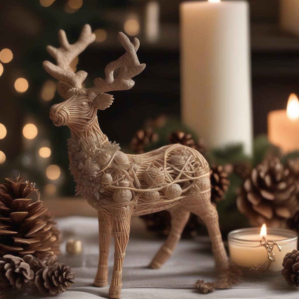 A rattan reindeer figurine displayed as part of a holiday scene.