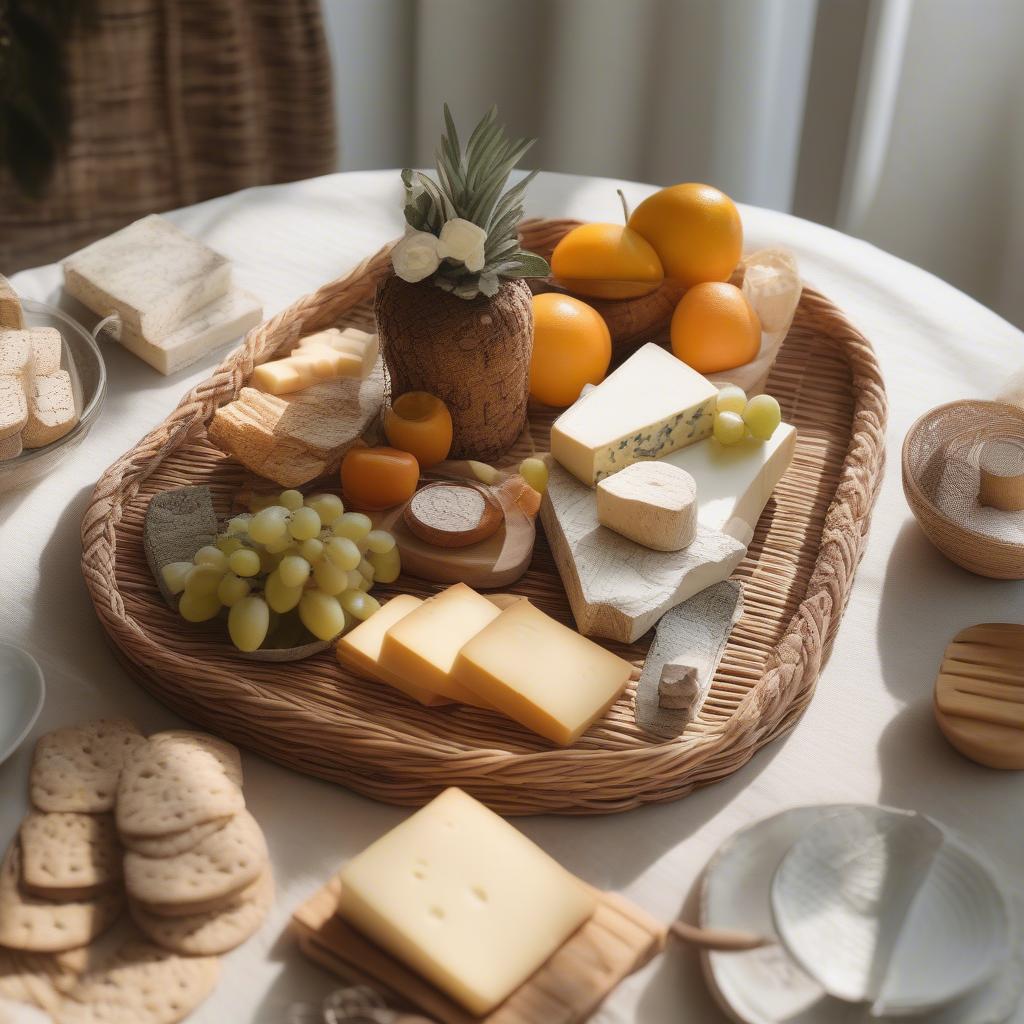 Rattan serving tray at Peony brunch table.