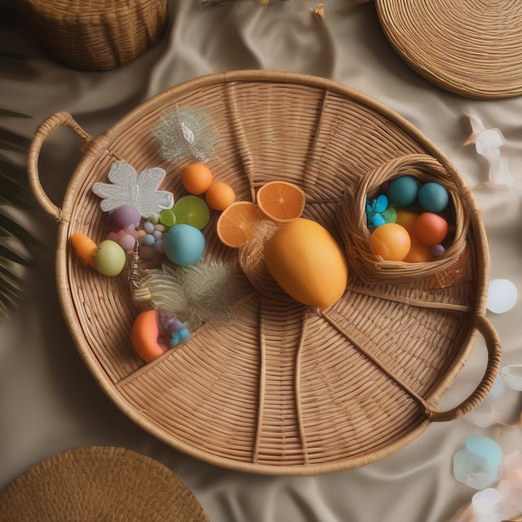 Rattan Serving Tray with Decorations