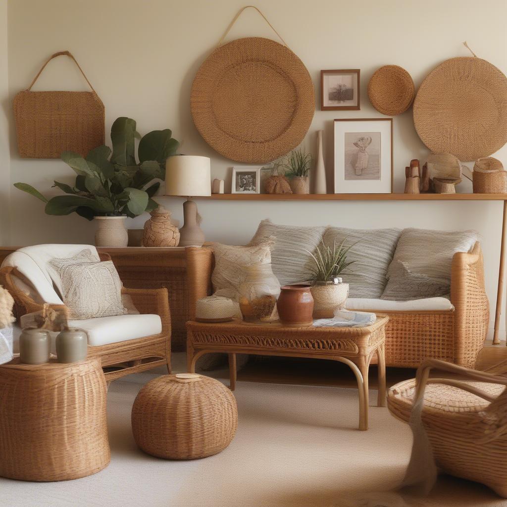 Rattan Shelf with Framed Pictures and Wicker Baskets