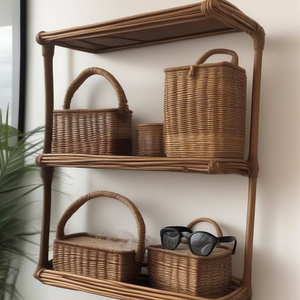 Rattan Shelf Display with Tiny Black Glasses and Wicker Baskets