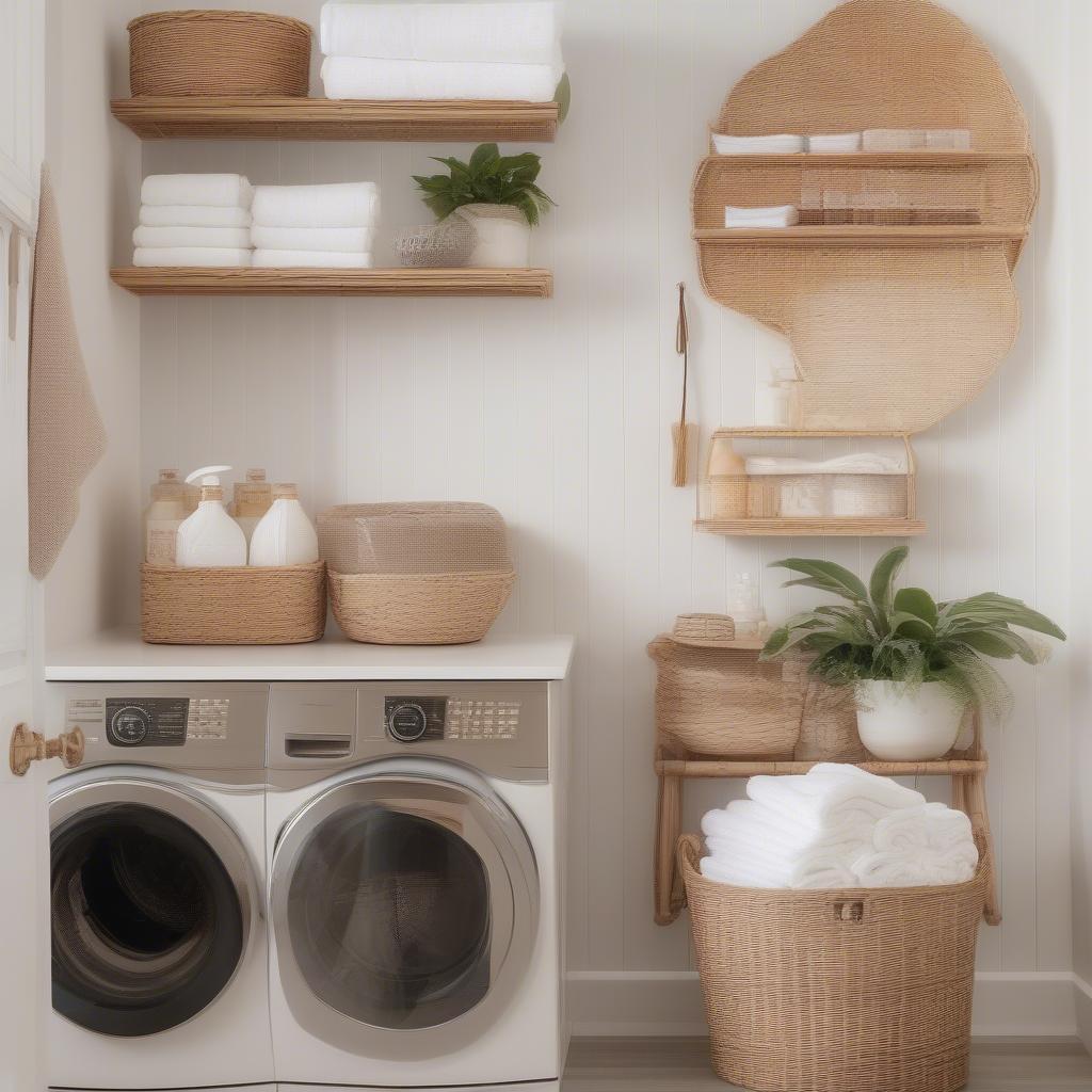 Rattan shelves mounted on a laundry room wall providing stylish storage.