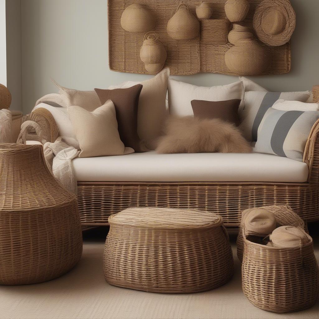 Rattan Sofa with Wicker Baskets