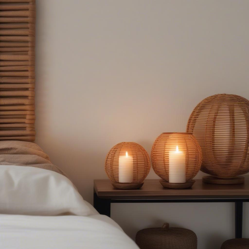 Rattan sphere candle holders in a tranquil bedroom setting