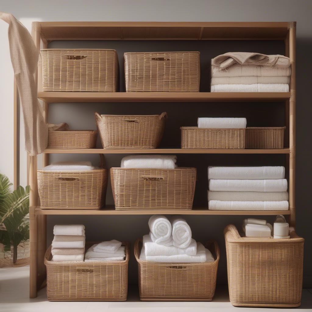 Rattan storage baskets helping to create an organized and efficient morning routine.