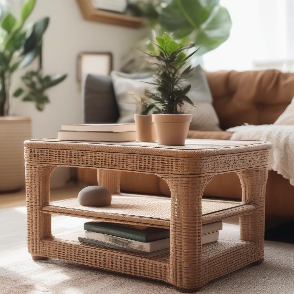 Rattan table top riser in a living room setting