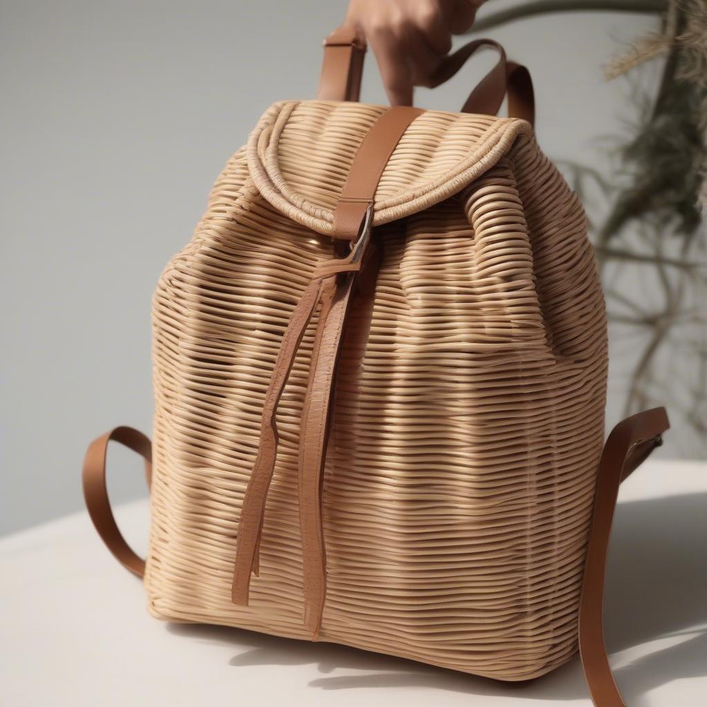 Durable Rattan Top Zip Backpack: A sturdy rattan backpack with a top zip closure, highlighting its robust construction and natural resilience.