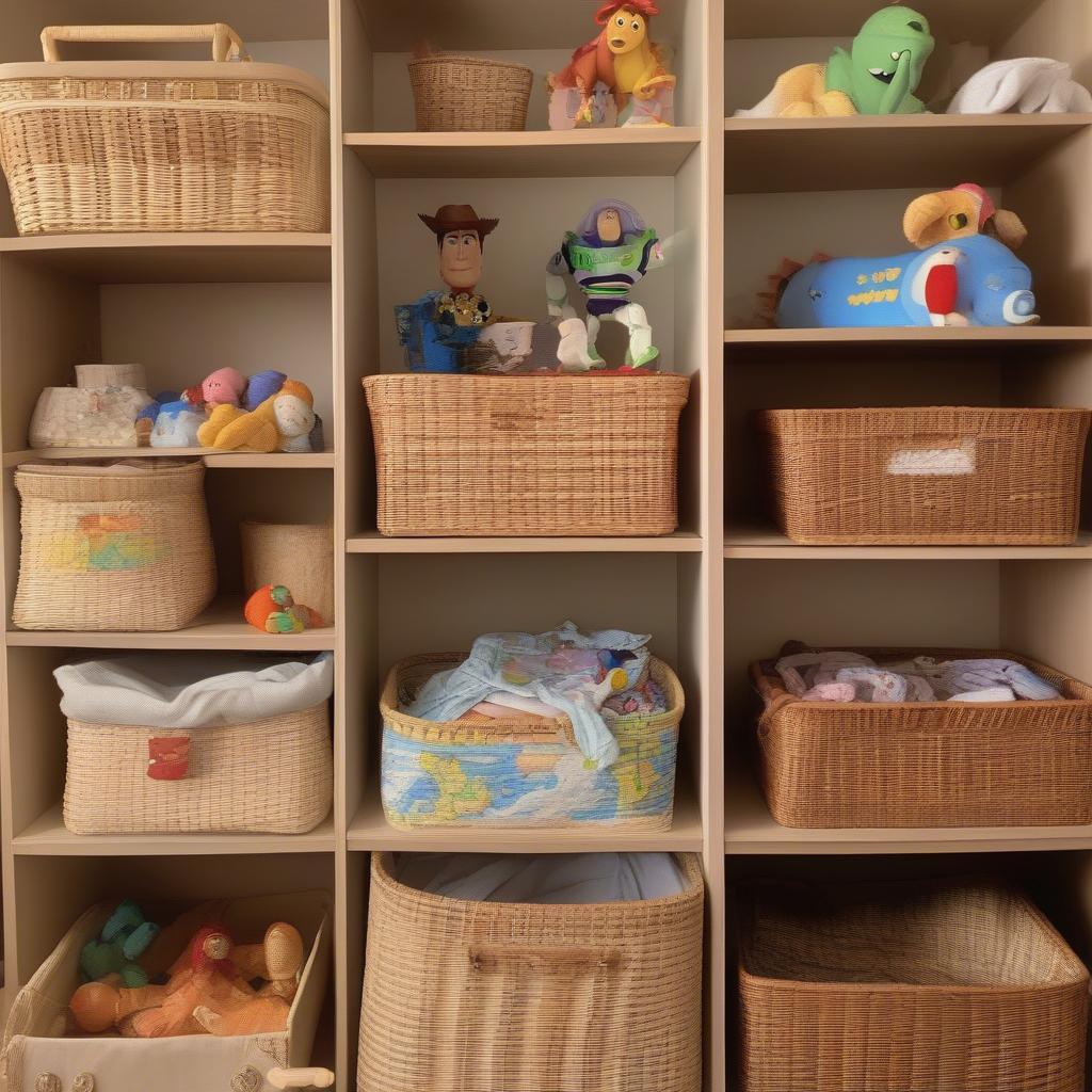 Rattan toy storage baskets with linen liners