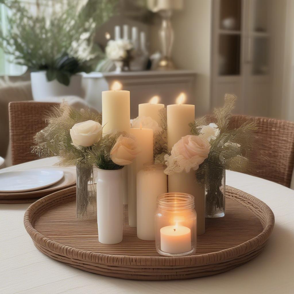 Rattan Tray Centerpiece with Candles and Flowers