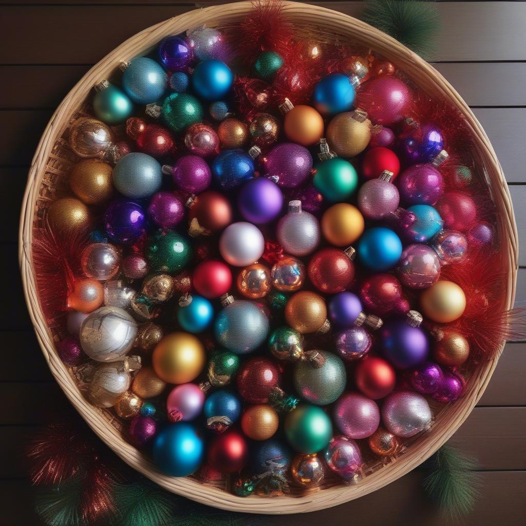 Rattan Tray with Christmas Ornaments