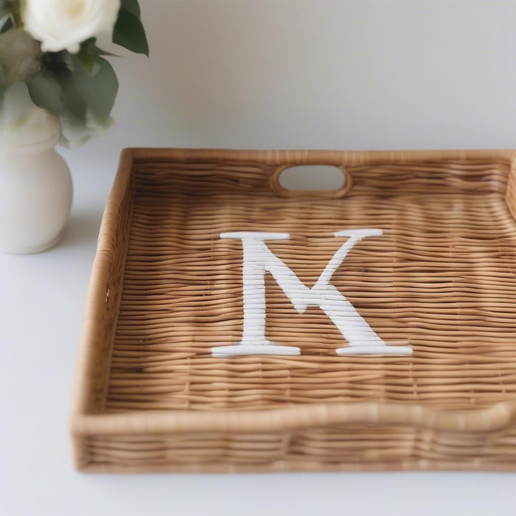 Rattan Tray with Cursive Initial