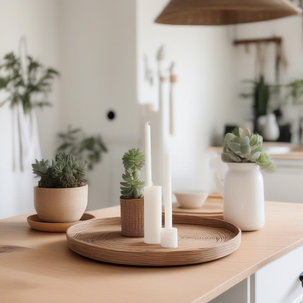 A rattan tray displaying candles and a small plant on a kitchen table.