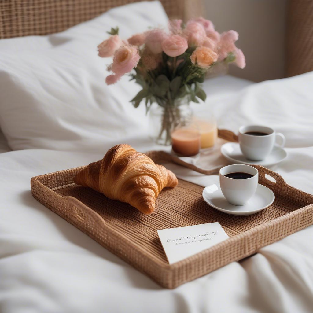 Rattan serving tray with coffee, pastry and a good morning beautiful message