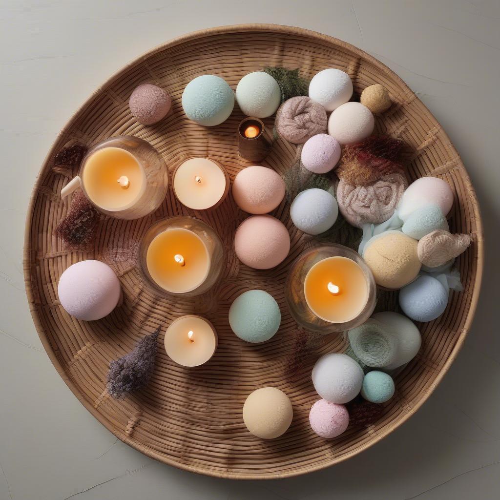 Rattan tray holding bath bombs, candles, and a glass of wine, creating a serene bath time setting.