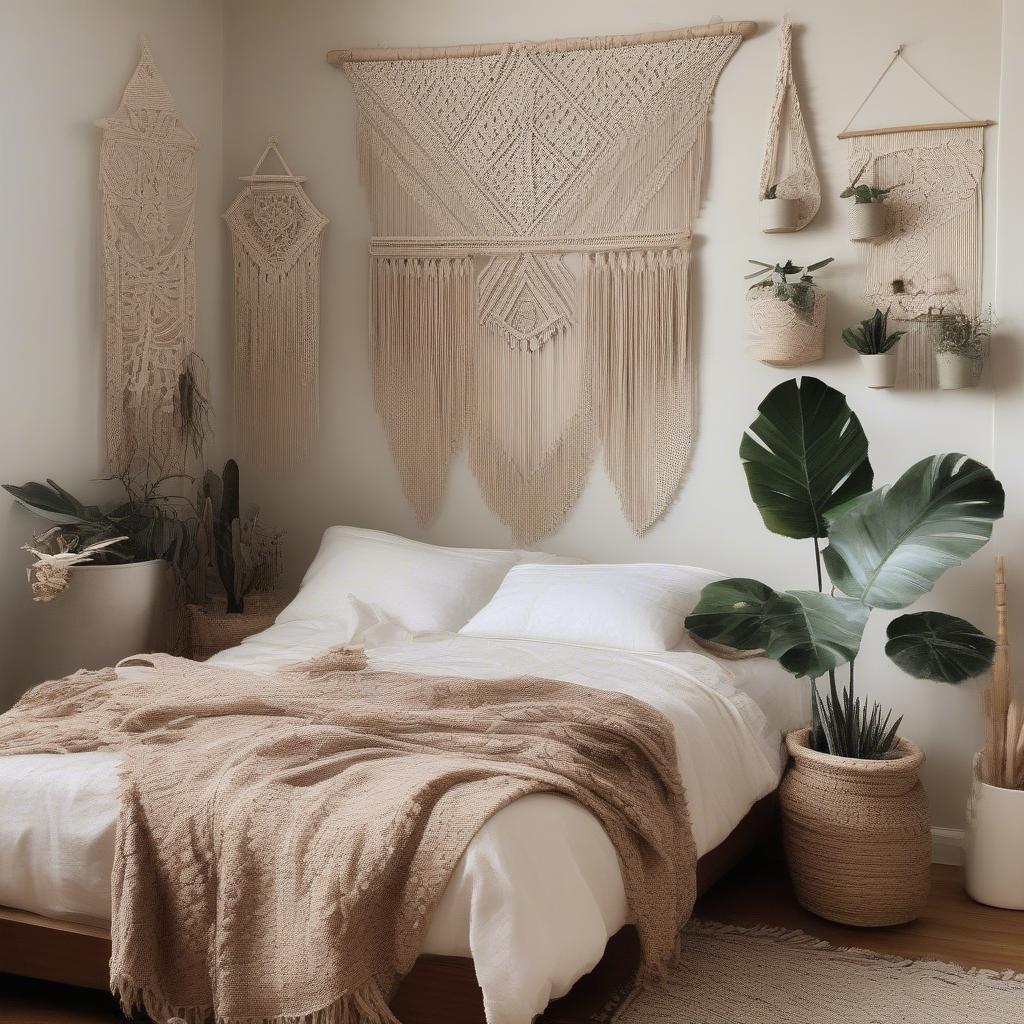 Rattan wall art adds a bohemian touch to a bedroom.