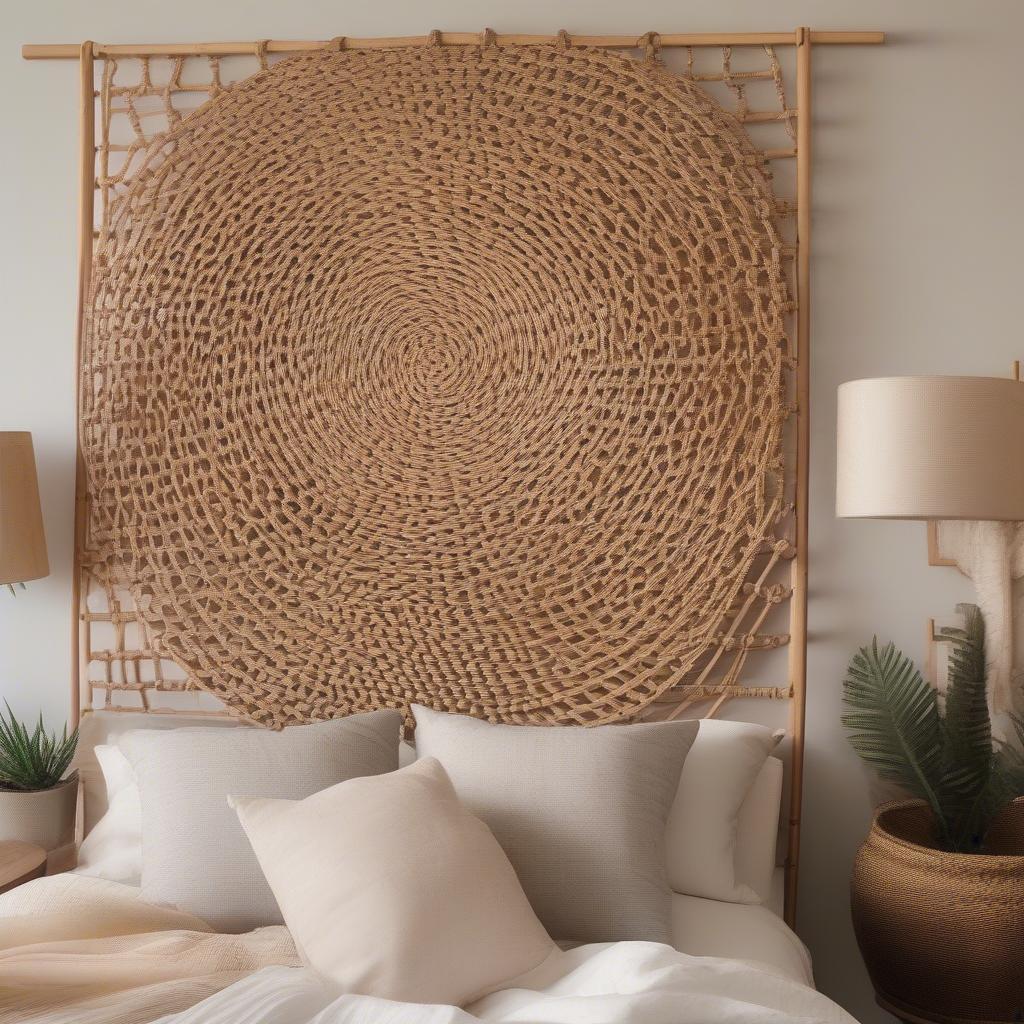 Rattan wall decor in a bedroom