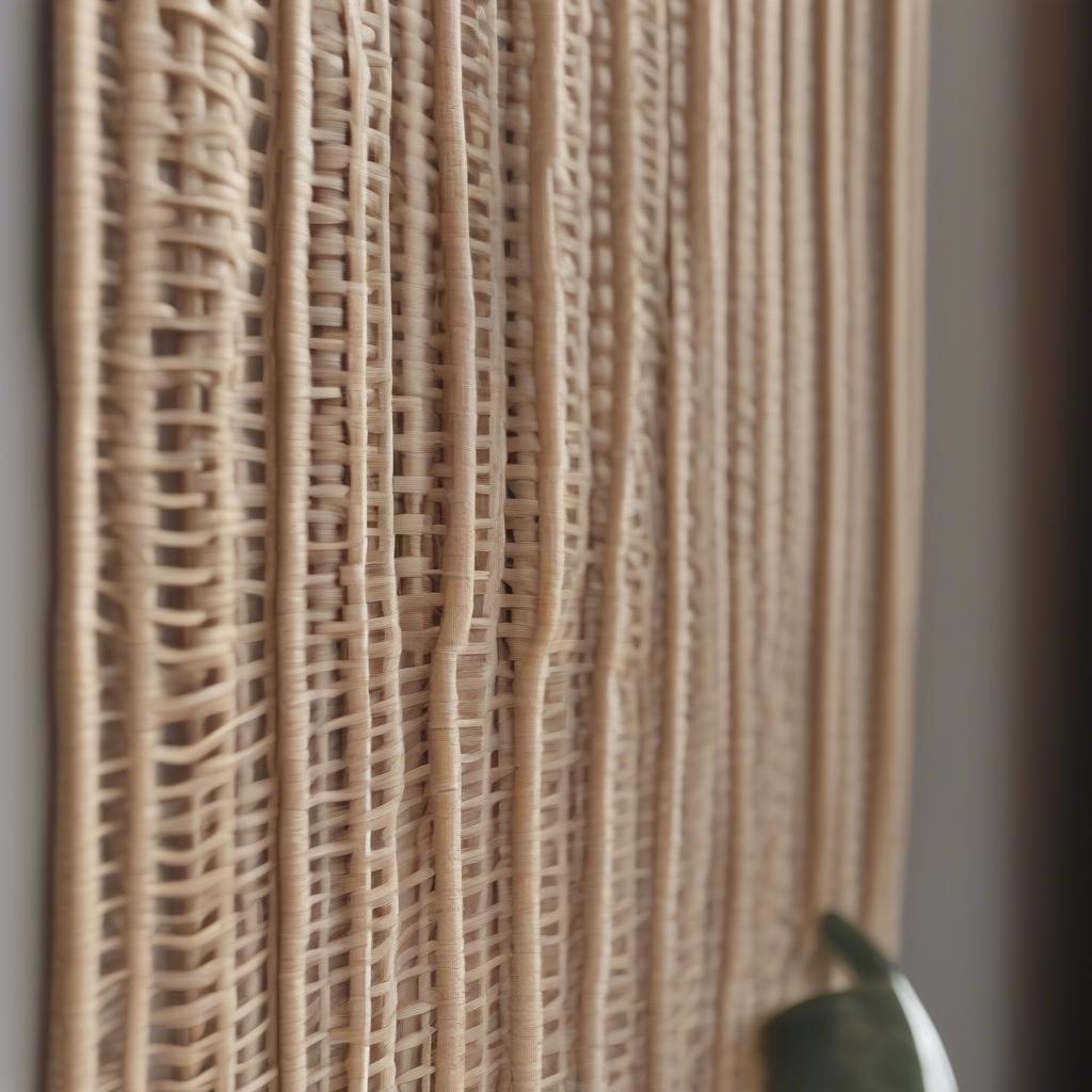 Close-up of a rattan wall decor piece in a bedroom setting