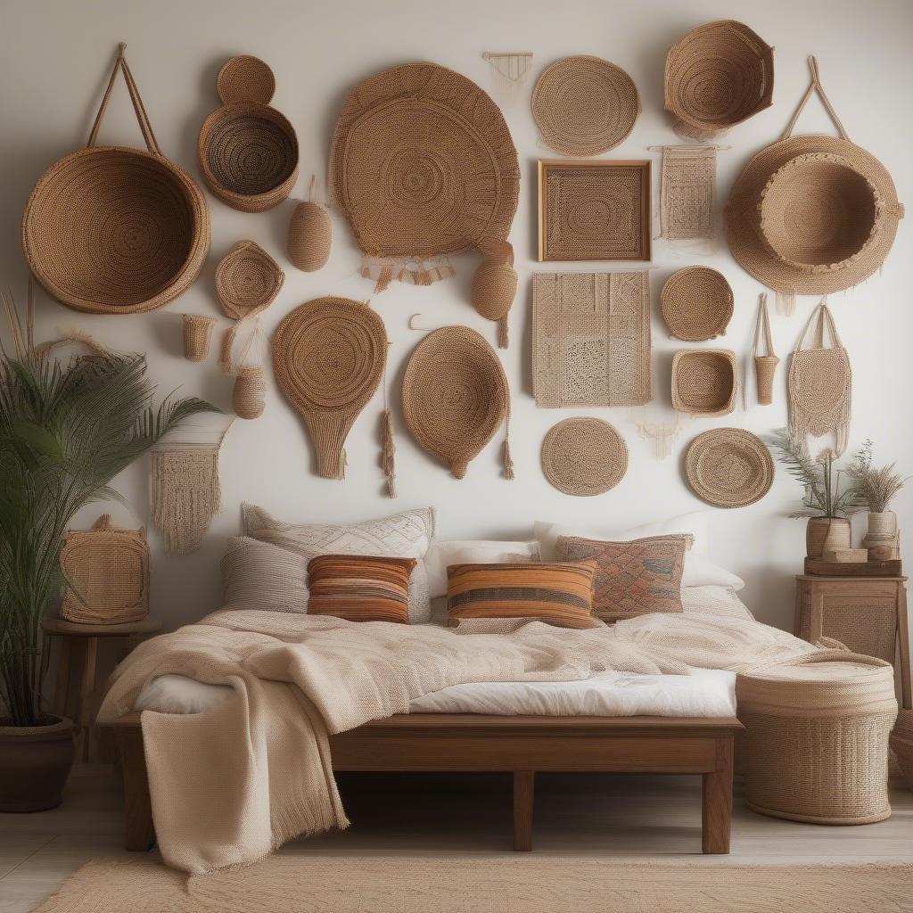 Rattan wall decor in a bedroom