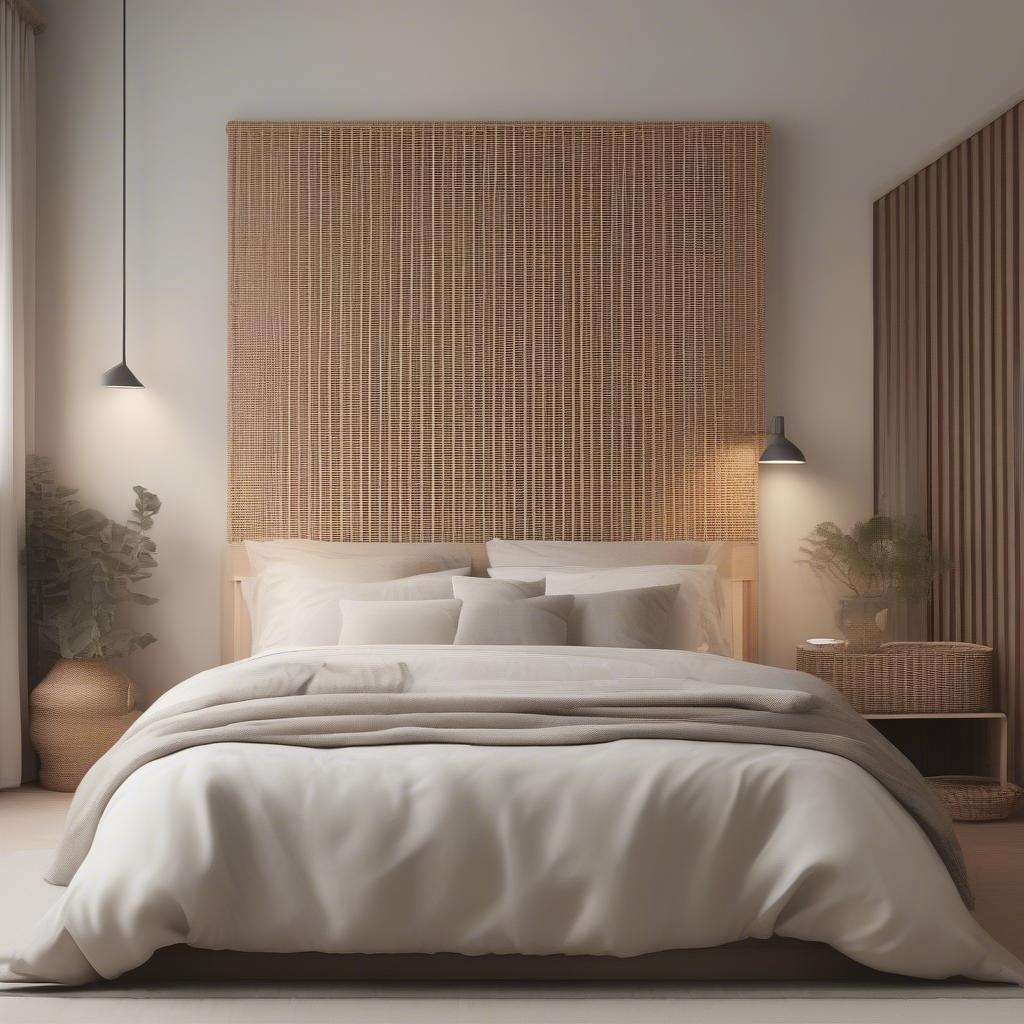 Rattan wall decor in a minimalist bedroom