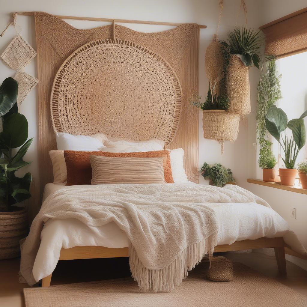 Rattan wall decor in a bohemian style bedroom.