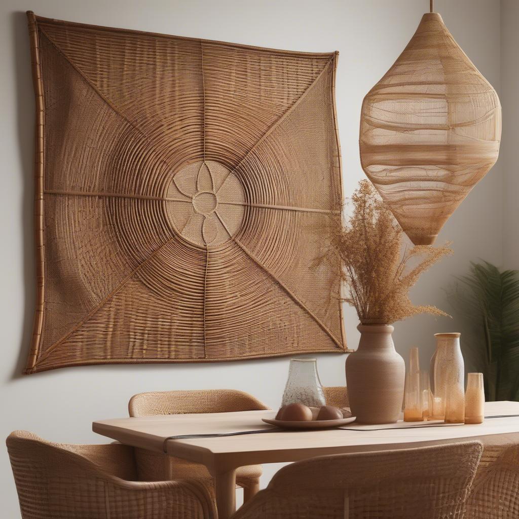 Rattan wall hanging in a cozy dining area