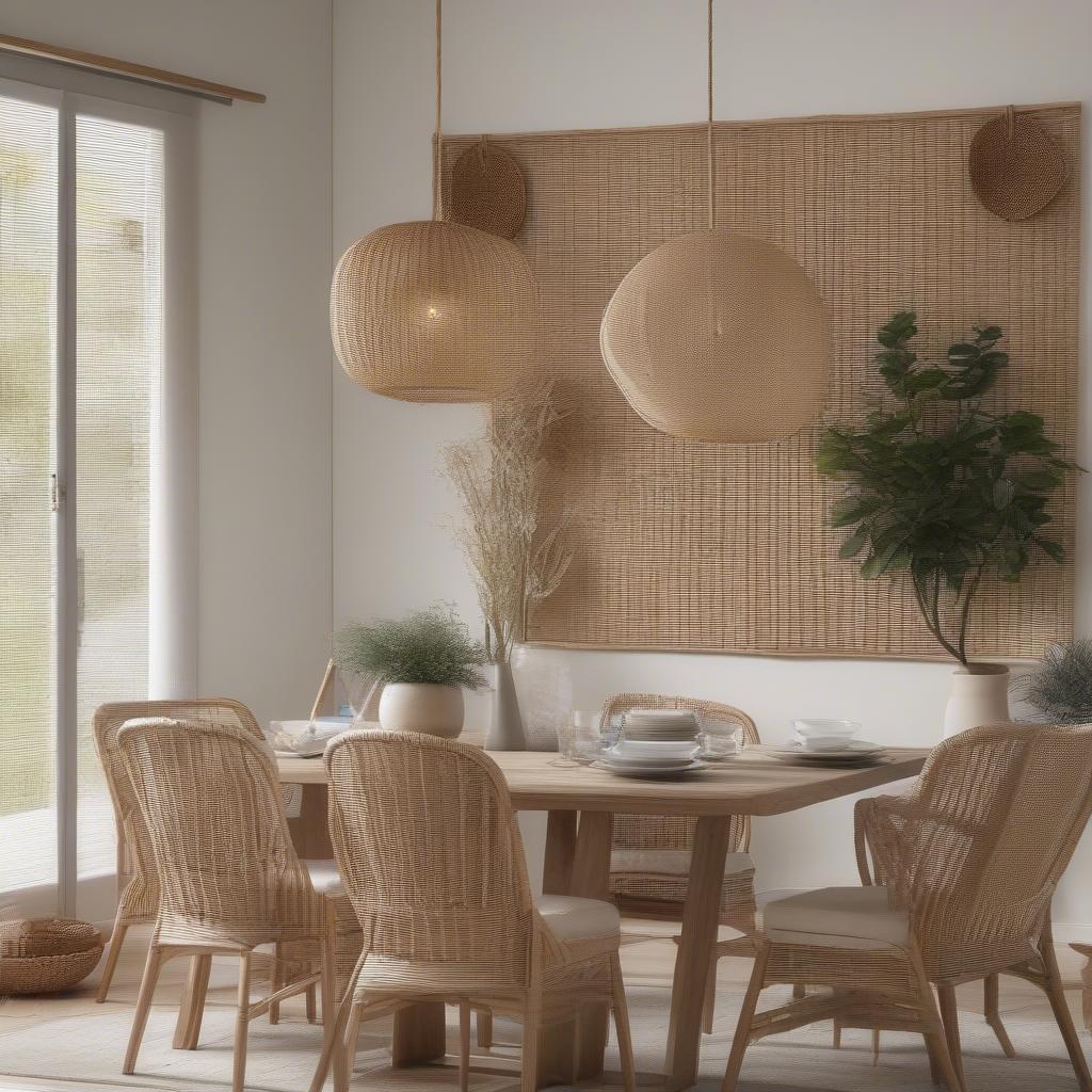 Rattan wall decor brings a bohemian chic vibe to a dining area