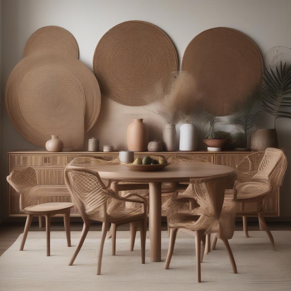 Rattan wall decor adds warmth and texture to a dining area.