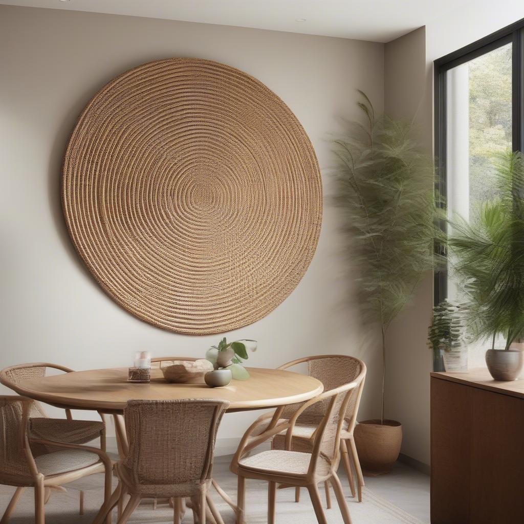 Rattan wall decor in a modern dining area