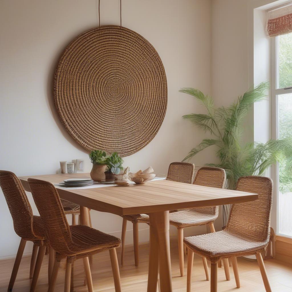 Rattan wall decor in a dining room setting