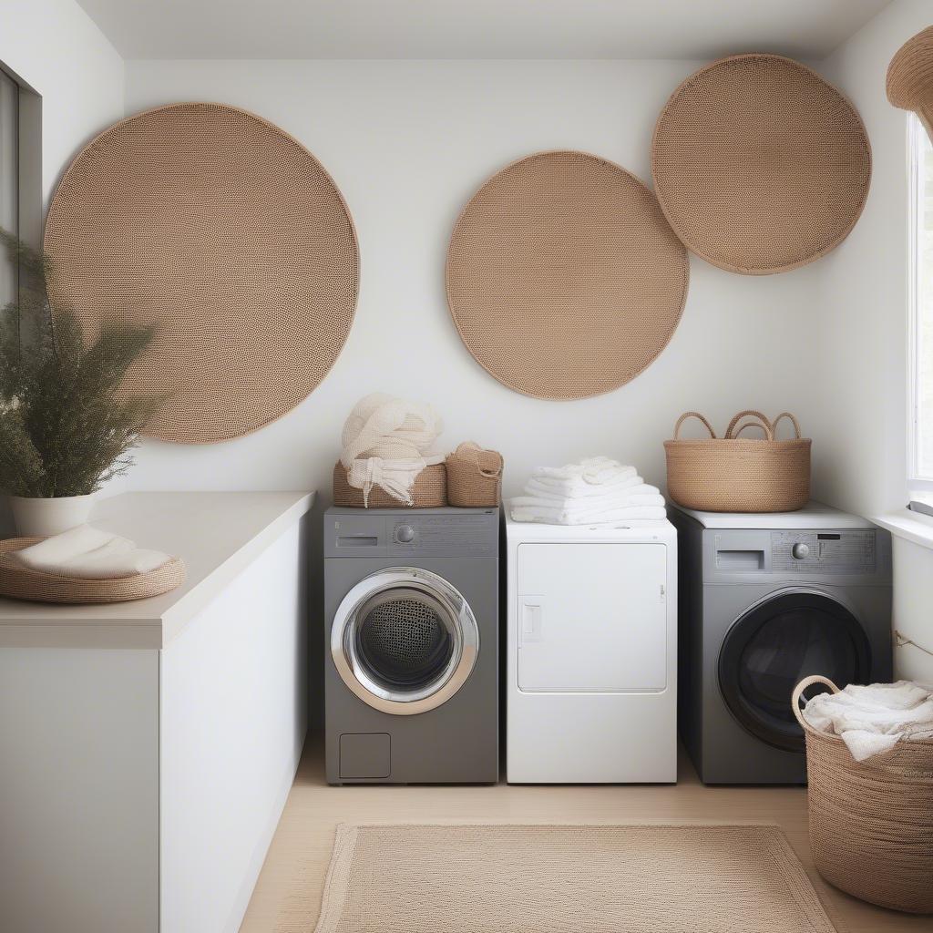 A woven rattan wall hanging adds a touch of bohemian style to a modern laundry room.