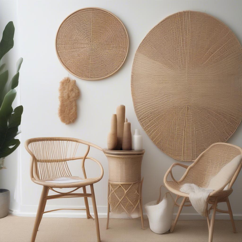 Minimalist rattan wall decor with geometric pattern.