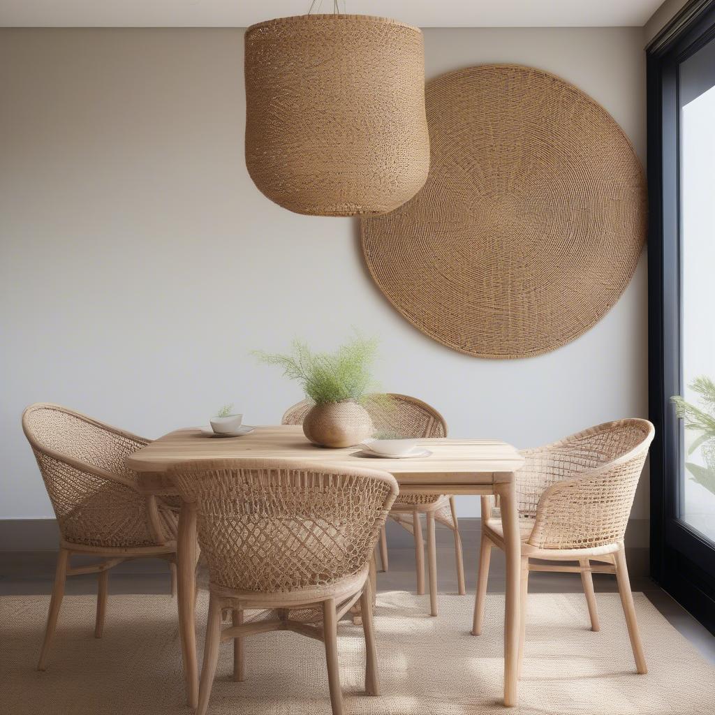 Rattan wall decor in a small dining room, adding texture and warmth.