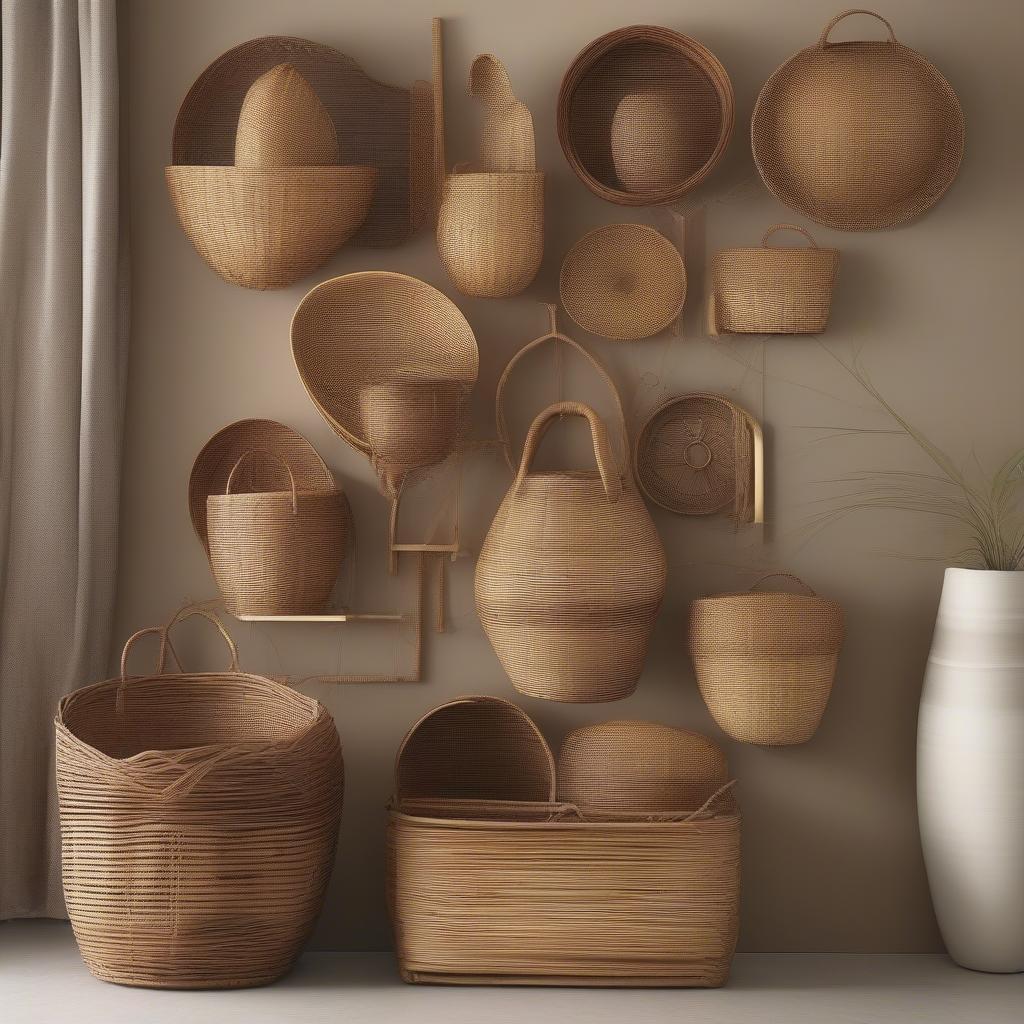 Rattan wall decor featuring woven baskets