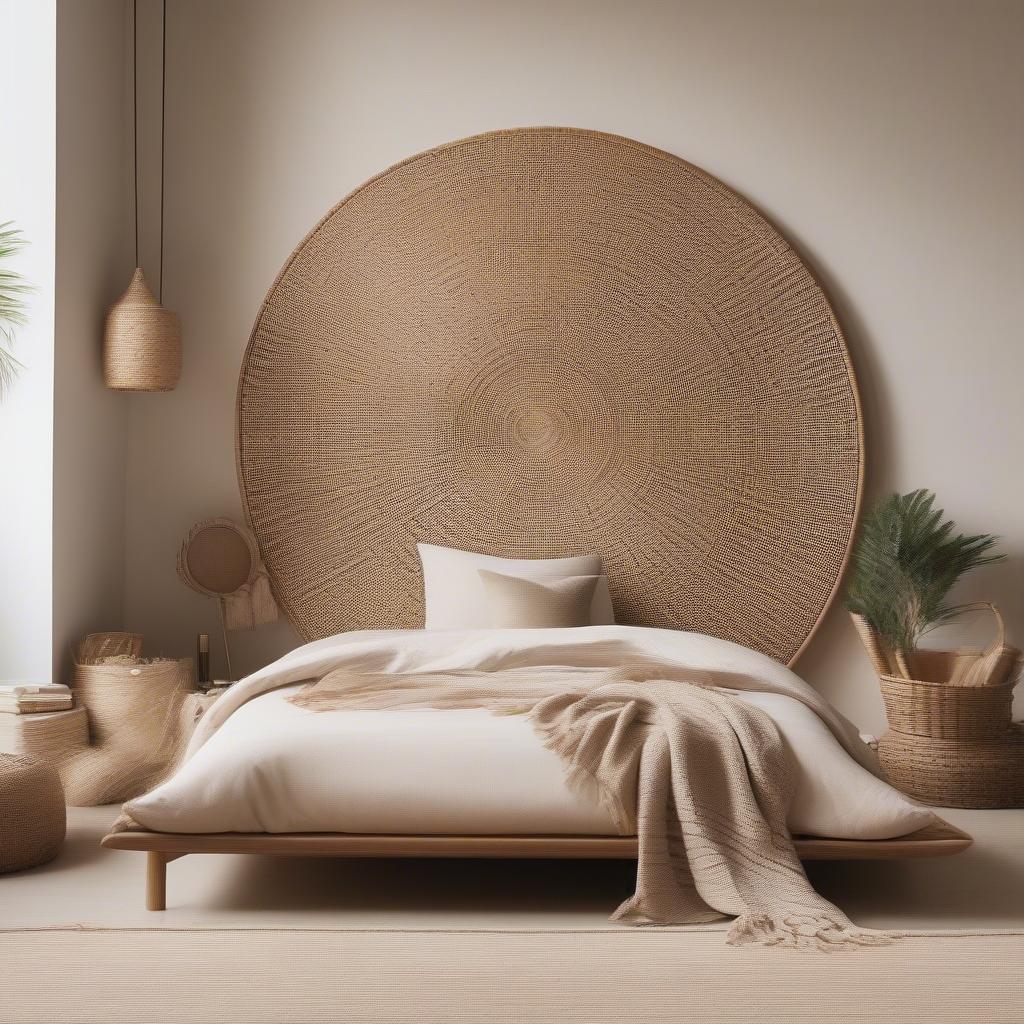 A large rattan wall hanging in a boho-chic bedroom.