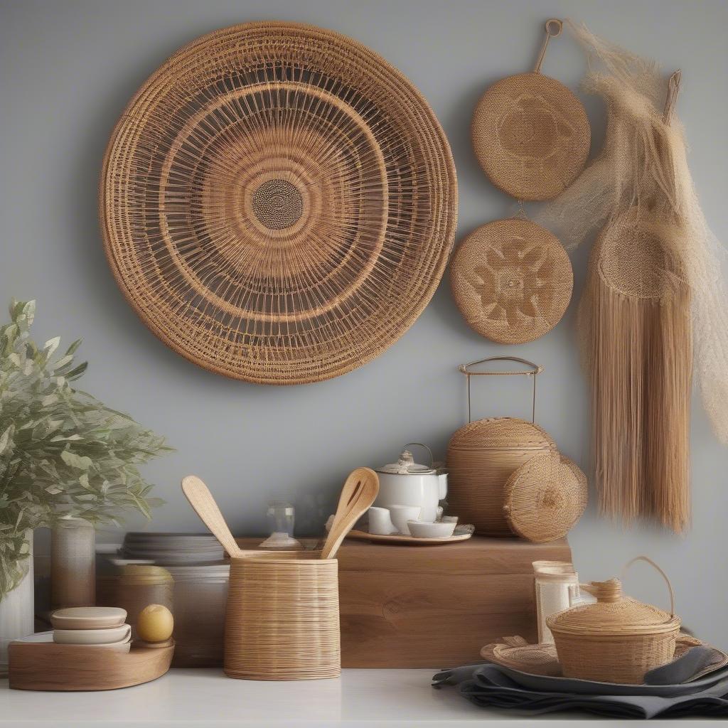 A large, intricate rattan wall hanging above a kitchen counter, adding a touch of bohemian charm to the rustic decor.