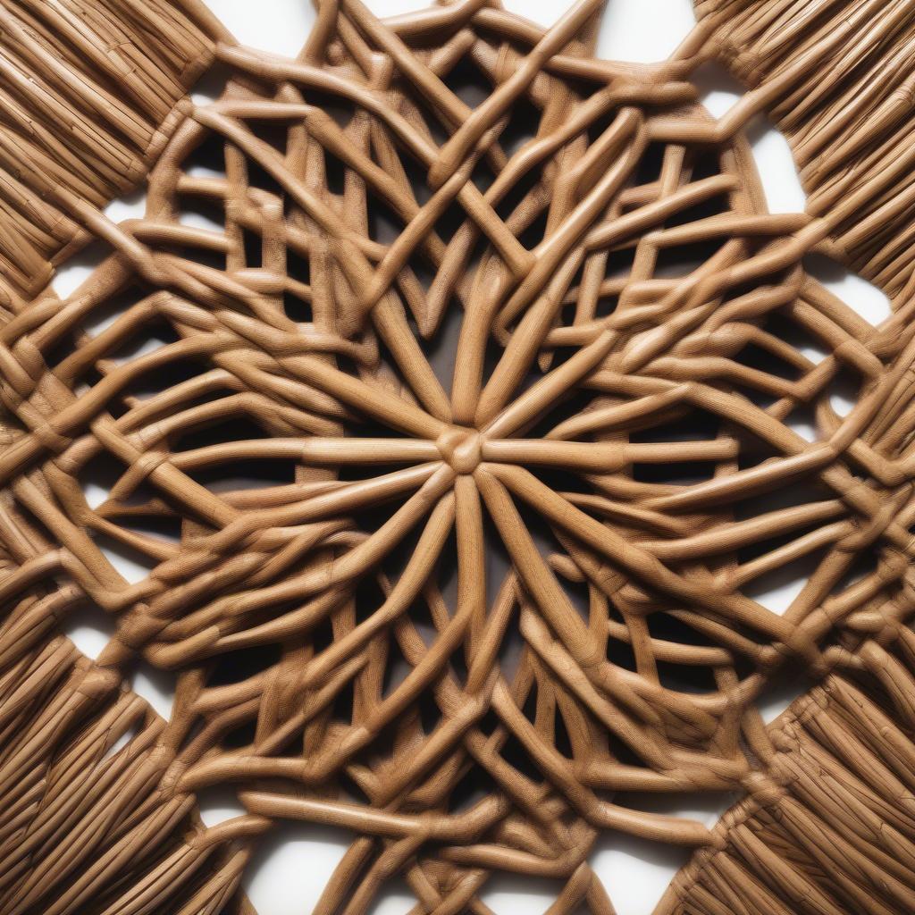 A large rattan wall hanging with a geometric design, showcasing intricate craftsmanship.