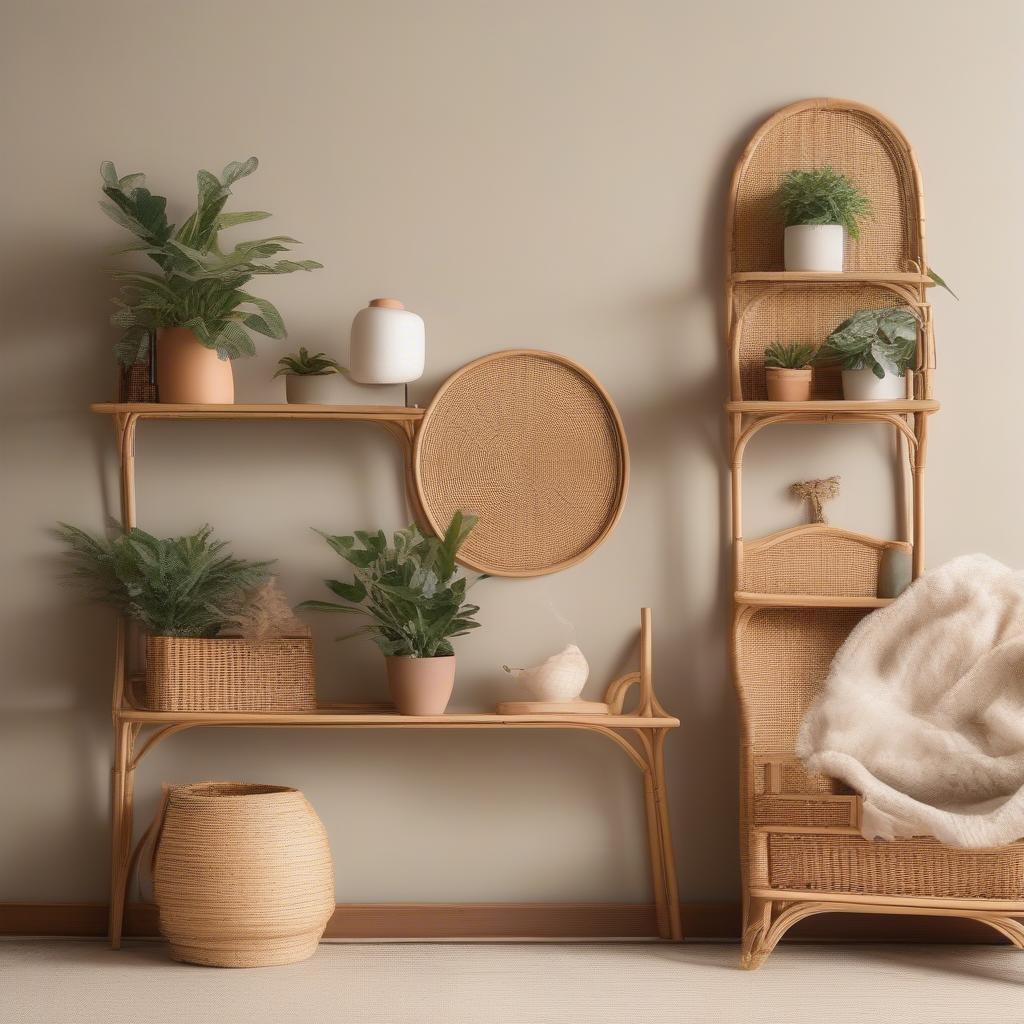 Rattan wall shelves with plants and decor in a living room