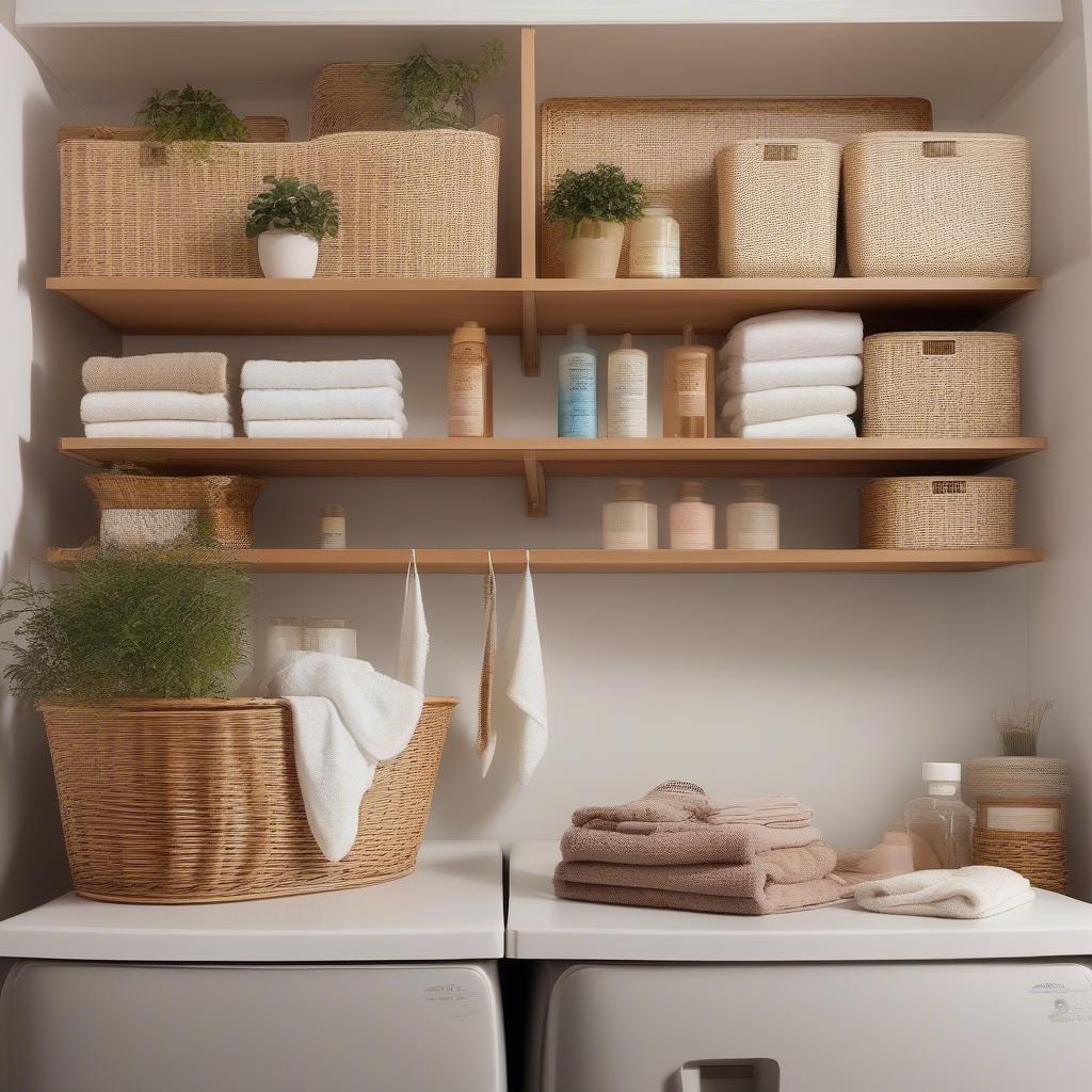 Rattan wall shelves holding laundry supplies and decorative items in a laundry room