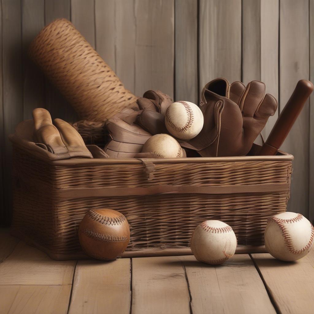 Rattan and wicker baskets filled with baseball equipment and vintage toys, referencing The Sandlot.